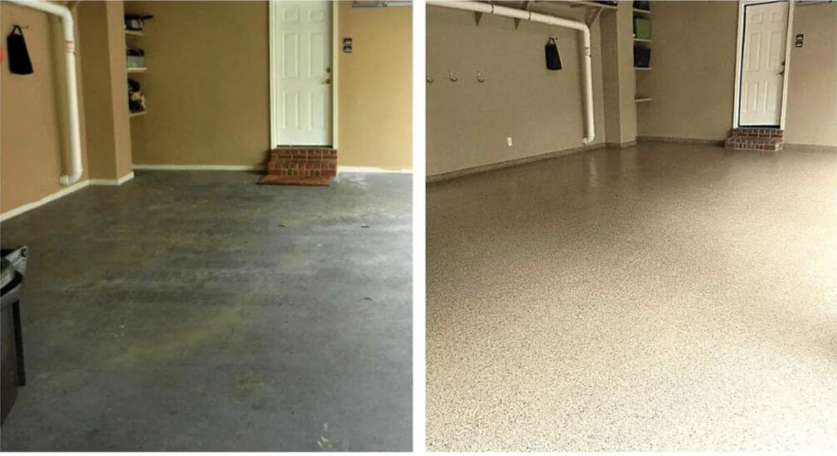 before and after garage floor epoxy coating in Carmel